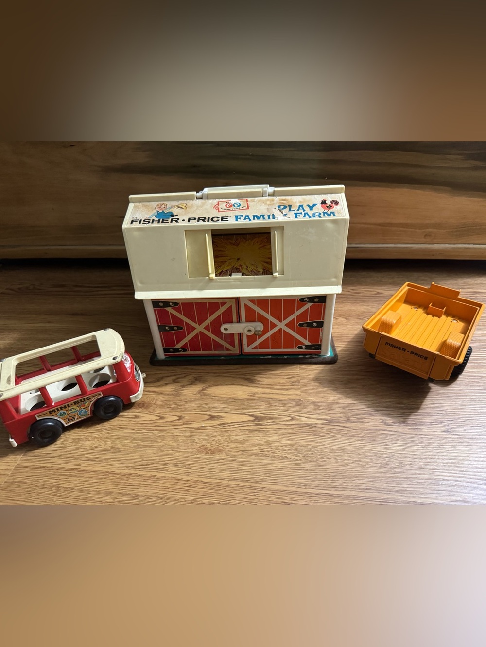 Lot of 3 Vintage Fisher Price Play Farm, Mini Bus, Safari Trailer